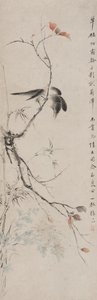 秋の枝の鳥、清朝（紙にインクと色）